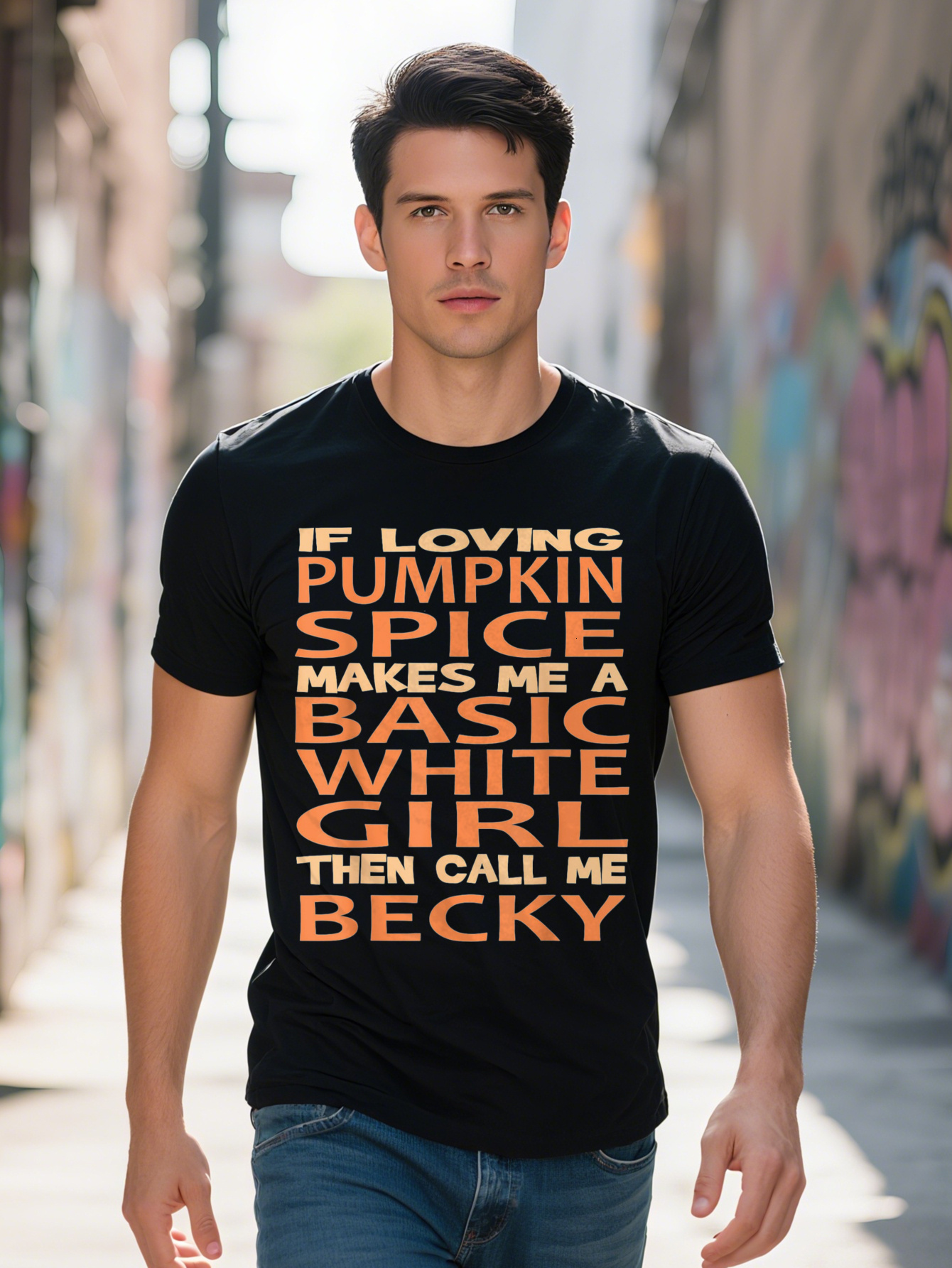 Men's Pattern T-Shirt - If Love Pumpkin Spice Makes Me Basic Becky Design, Black Cotton Casual T-Shirt, Short Sleeve, Crew Neck, Machine Washable