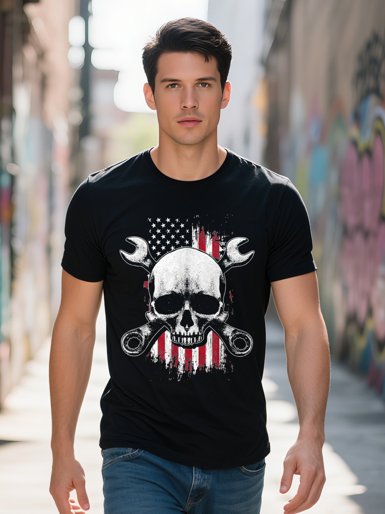 American Flag Wrench Tool Garage Skeleton Mechanic T-Shirt - 220G 8048c