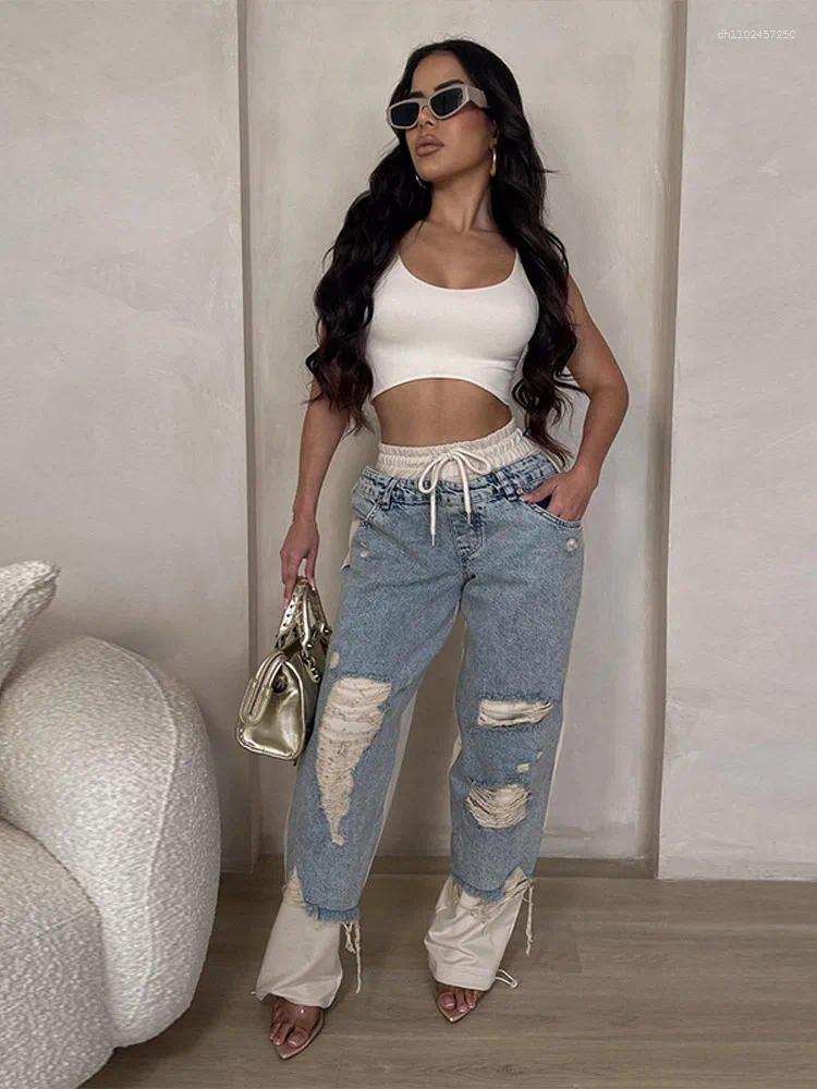 Women's Jeans Casual Patchwork Women Loose Drawstring Low Waist Pockets Zipper Straight Leg Pants Spring Summer Street Lady Trouser