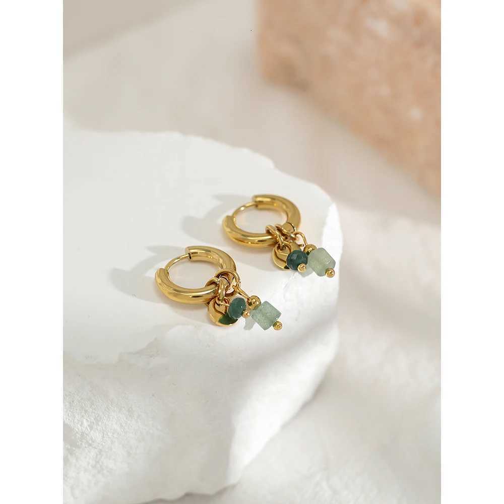 18K Gold Plated Stainless Steel Hoop Earrings for Women Vintage Green Natural Stone Charms Trendy Waterproof Jewelry Y250804