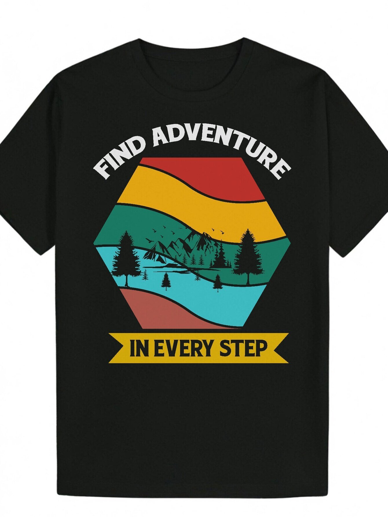 Men's Crew Neck T-Shirt with Pattern - "Find Adventure in Every Step" Design, Black Polyester Fiber, Outdoor Wear, Summer Casual Wear A