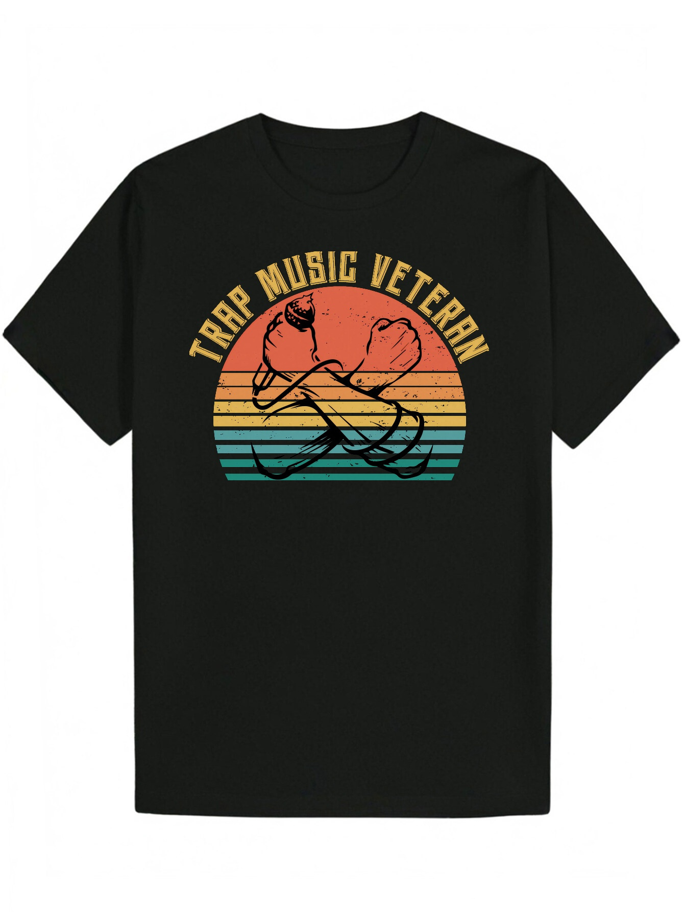 Men's Summer Short Sleeve T-Shirt - Black Trap Veteran Pattern Print, with Colorful Stripes, 100% Polyester Crew Neck T-Shirt, Machine Washable, 