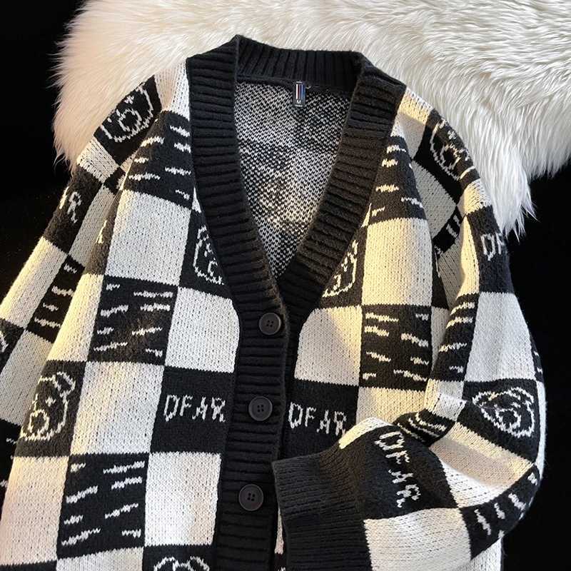 Fall Winter Open Front Button V Neck Plaid Long Sleeve Sweater Women Shirt Men Warm Soft Coat Top Casual Knitted Jacket Cardigan XJ250805