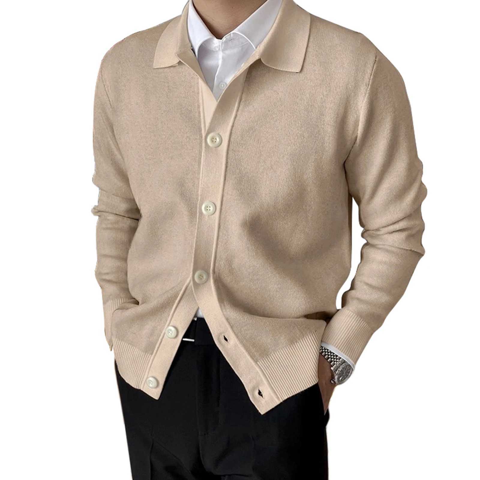 Mens Autumn Winter Knitwear Coat Long Sleeve Lapel Button Up Solid Color Cardigan Sweater XJ250805