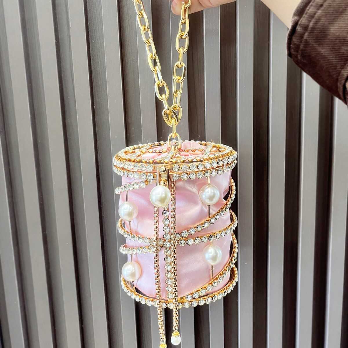 luxury bag designer bags 2025 New Women's Bag Metal Bucket Bag Pearl Inlaid Diamond Handbag Drawstring Chain Pig Cage Bag Bird Cage Bag