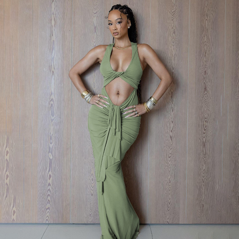 2025 Summer Fashion Sexy trend Twisted Hollow Long Skirt with Ruffles and Straps, Open Collar Fashion Sleeveless Mermaid Dress, New Designer Dress