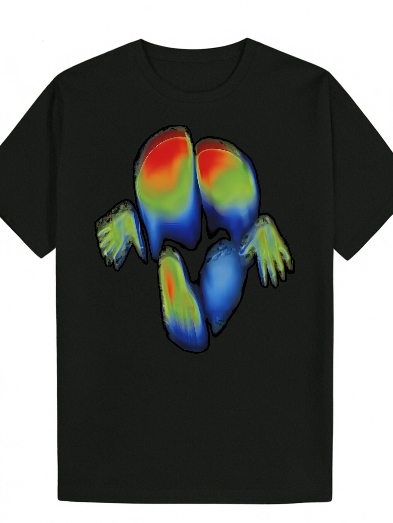 Men's Black Summer Casual Round Neck Polyester Pattern T-Shirt - Short Sleeve, Machine Washable, Orange and Blue Artistic Footprint Design 601e8