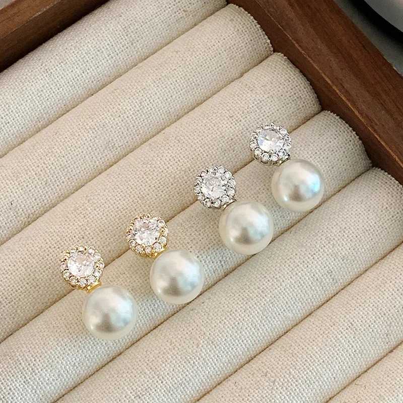 Girls French Romantic Simple Inlaid Zircon Round Pearl Earrings 2025 New Fashion Jewelry Luxury Accessories for Womens Ear Studs Y250804