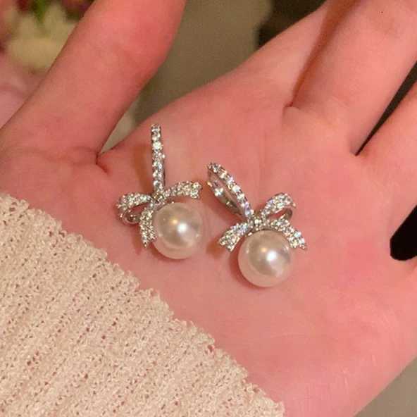 925 Sterling Silver Needle Zircon Pearl Bowknot Hoop Earrings for Women Cute Fashion Jewelry Minimalist Accessories Y250804