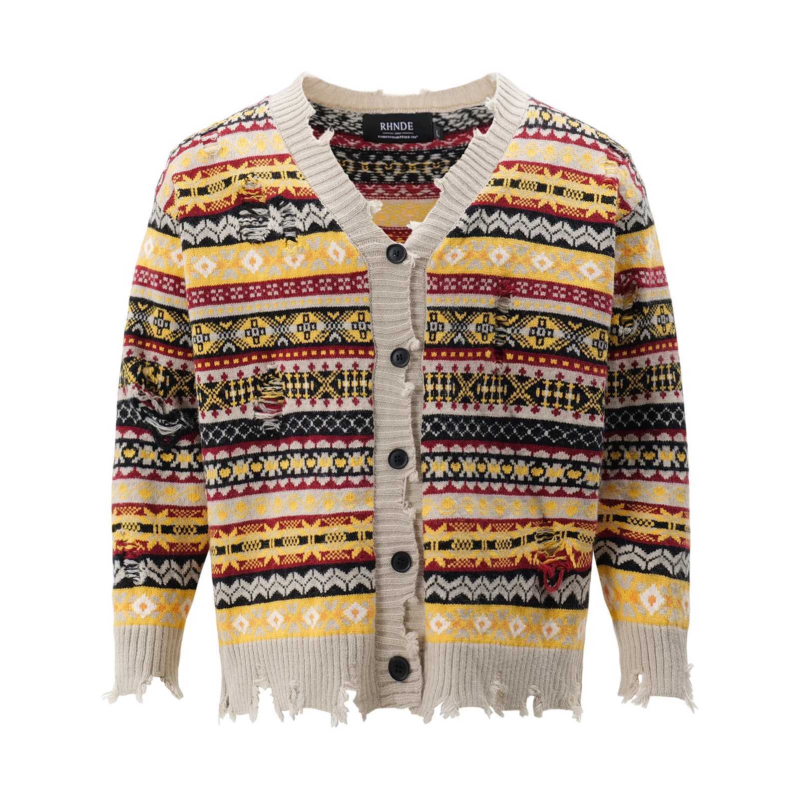 Retro Rainbow Striped Cardigan Sweater Mens Autumn New Trendy Su Outwear Y2k Knitwears Oversize Raw Edges Frayed Sweatercoat XJ250805