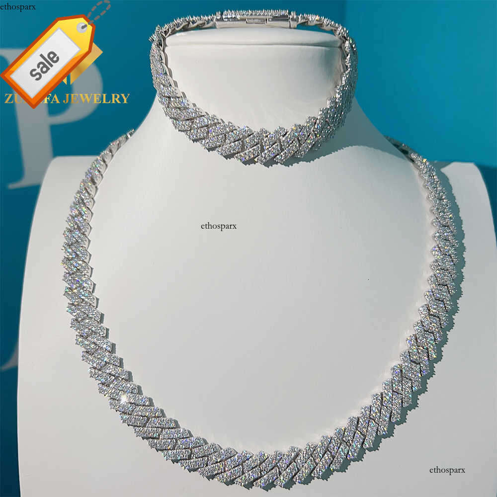 Hot sale ready to ship iced out diamond 13mm 2 rows stone VVS moissanite 925 cuban link chain