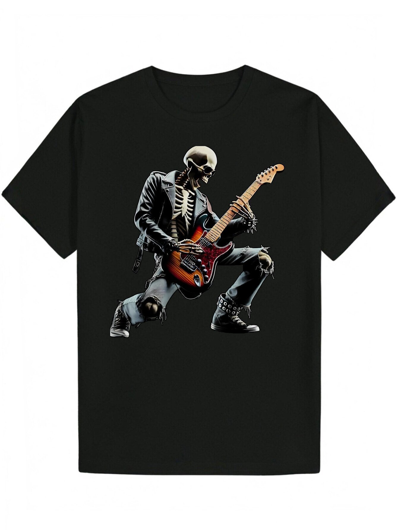 1 Piece Men's Summer Graphic Crew Neck - Rock Star Design, Lightweight Polyester, Black, Casual Wear, Machine Washable, Everyday T-Shirt Skull Pr
