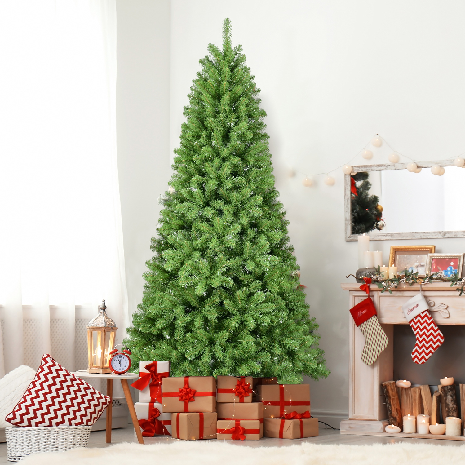 Green 6-9-Ft Luxury Flame-Retardant PVC Christmas Tree, Easy Plug System, Premium Stand & Storage Bag for Indoor Holiday Decorating