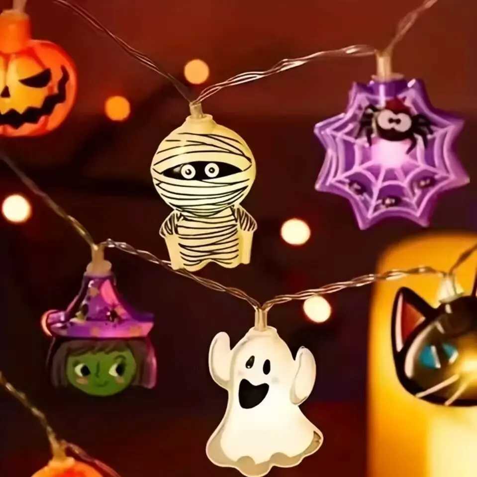 1PC Halloween 8 Elements LED String Light Battery Powered Horror Atmosphere Lighting With Ghost Witch Cat Pumpkin Spider Skeleton XJ250804