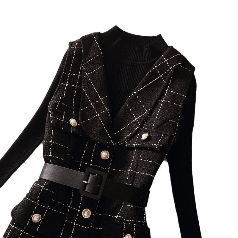 Elegant Plaid Tweed Ruffle Hem Sleeveless Dresses Women Autumn Winter Notched Collar Office Ladies Belt Mini Dress 210510