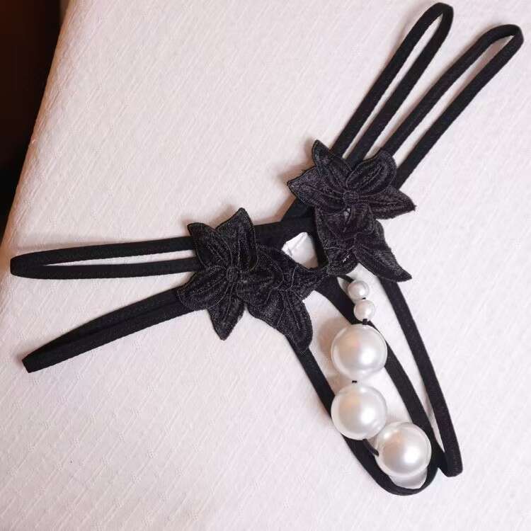 Sexy Lingerie Women's Extra Large Pearl Thong Open Crotch Nightclub Underwear Floral Embroidery Graduated Pearl Detailing Stretch Straps Design