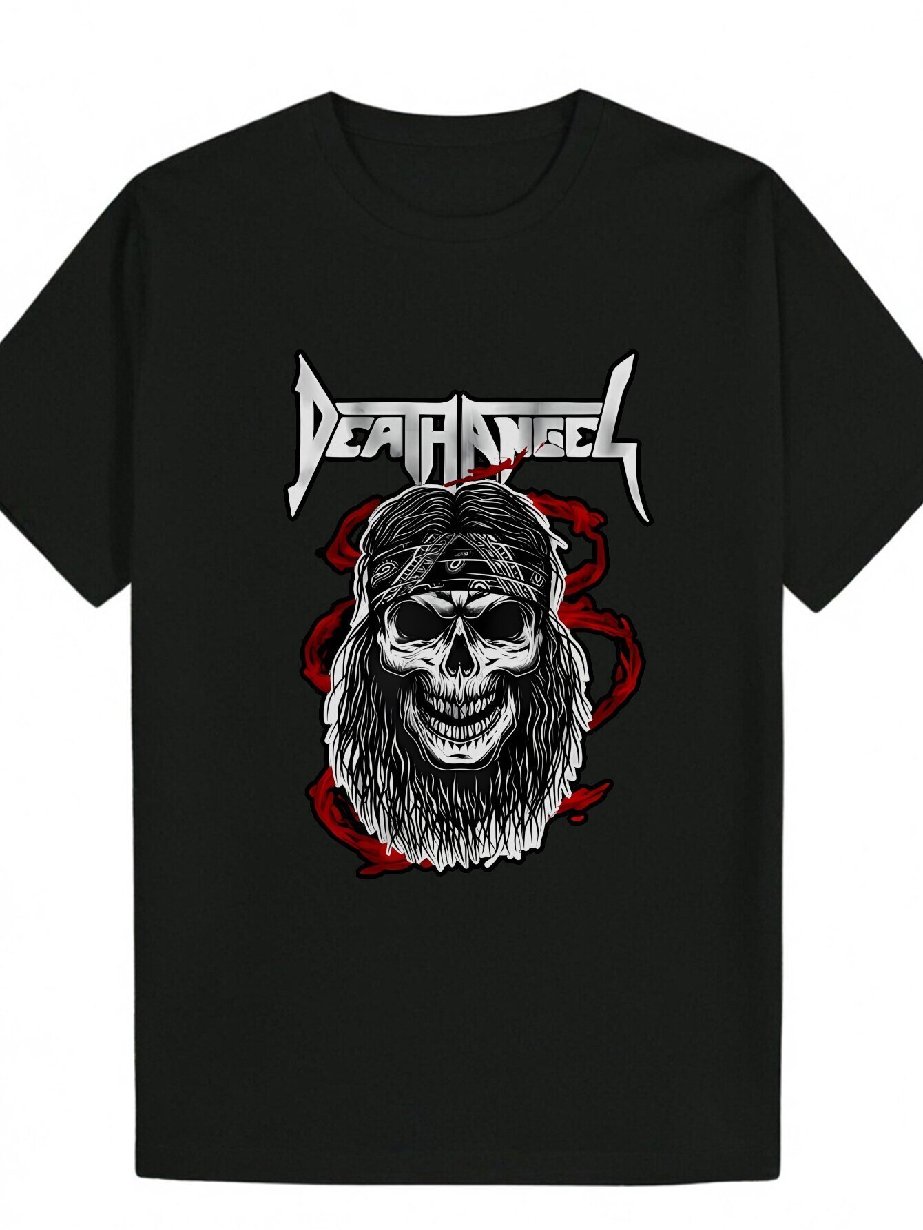 Men's Death Angel Pattern Printed T-Shirt - Black Summer Short Sleeve Round Neck Polyester T-Shirt, Machine Washable, Suitable for Avant-Garde St