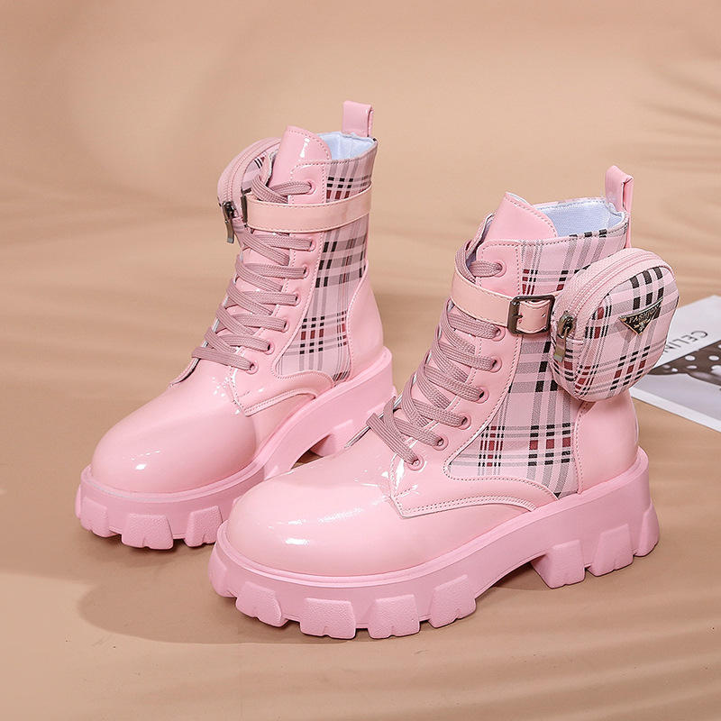 Free shipping women's plus size 35-43 Martin boots 2025 autumn new model glossy printed pocket decoration thick sole lace up short boots