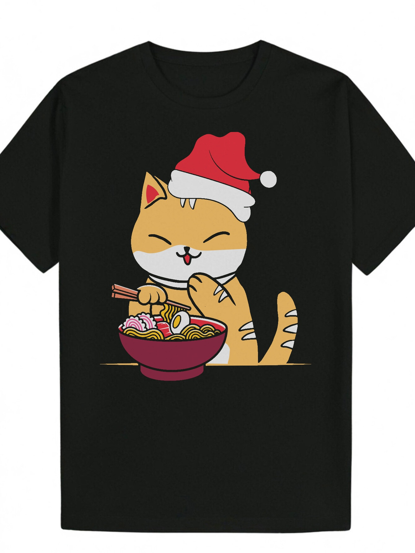 Men's Summer Short Sleeve T-Shirt - Black Cartoon Eating Noodles Pattern, 100% Crew Neck T-Shirt, Machine Washable, Suitable for Casual Wear, Cat