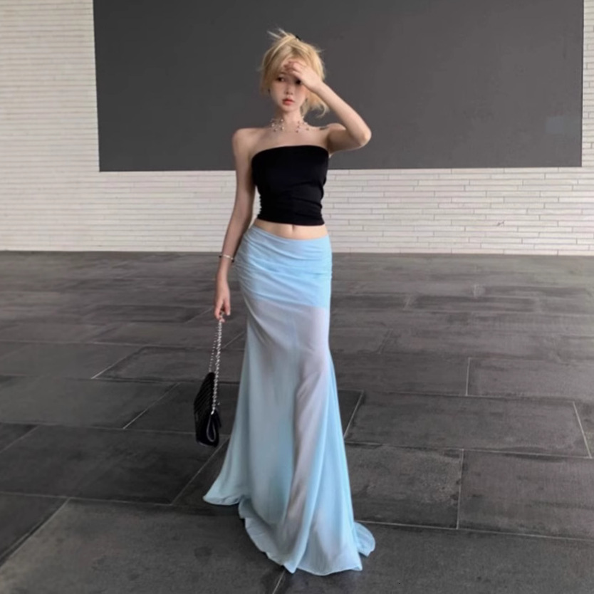 2025 black shorts sexy pure desire strapless slim fit chiffon mesh half skirt mermaid long skirt women's summer two-piece fashion set fashionable