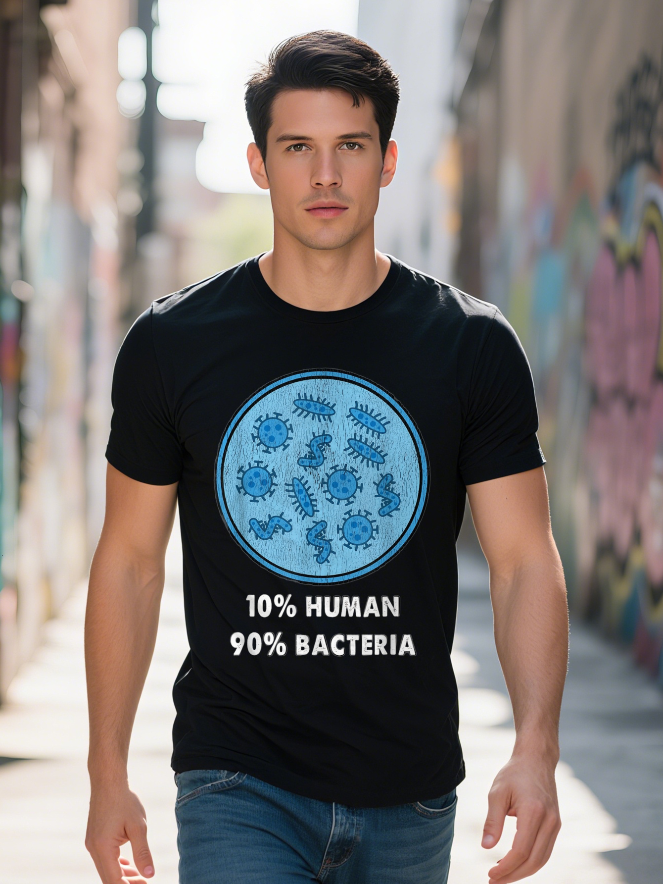 Men's Funny Bacteria Graphic - 100% Cotton, Short Sleeve, Fit, Black with Blue and White Microbiome Design, Perfect for Halloween or Casual Outfi