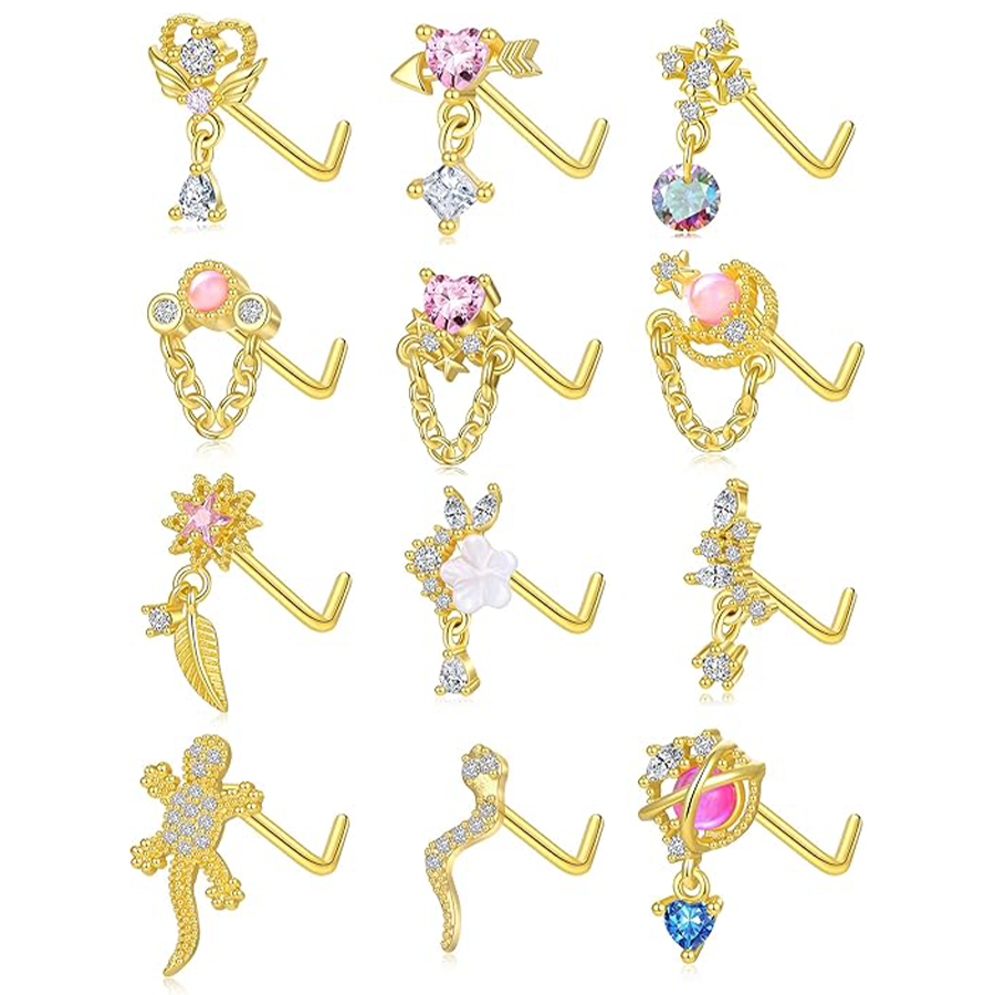 12Pcs Nose Ring Nose Stud L Shaped Snake Butterfly CZ Flower Moon Lizard Dangle Nose Rings Stud for Women Men Gold Tone 20G