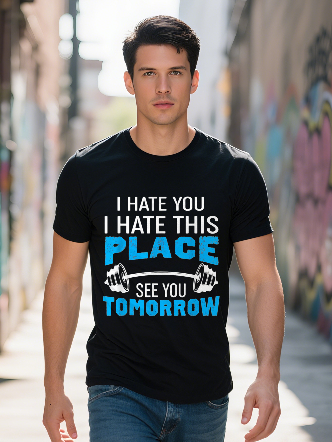 Men's Humorous Gym T-Shirt I Hate This Place See You Tomorrow 100% Cotton, Short Sleeve, Crew Neck, Black Dumbbell Graphic - Perfect for Casual W