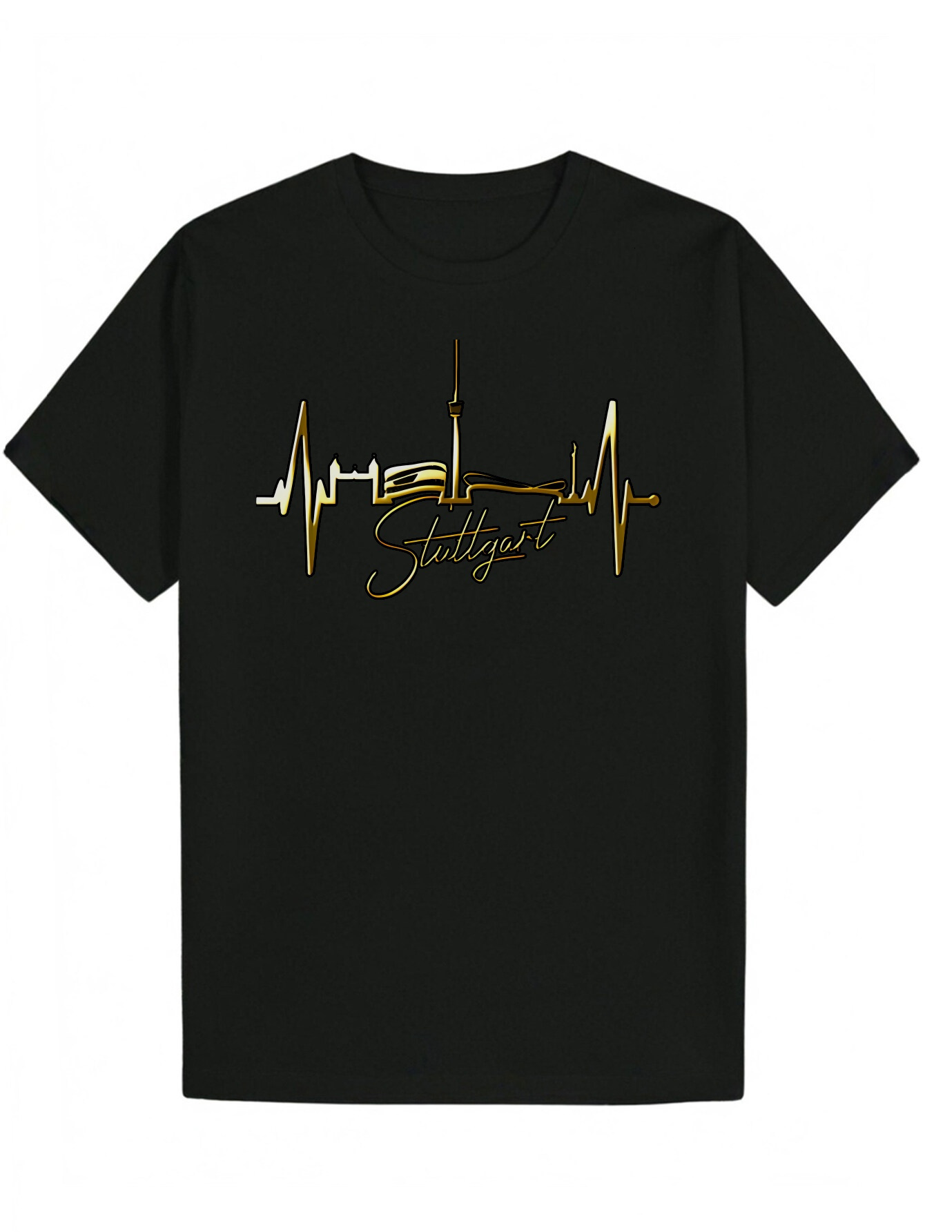 Men's Summer Casual Pattern T-Shirt - Black, Gold Toronto Skyline and ECG Heartbeat Design, Breathable Polyester Fiber, Regular Fit, Machine Wash