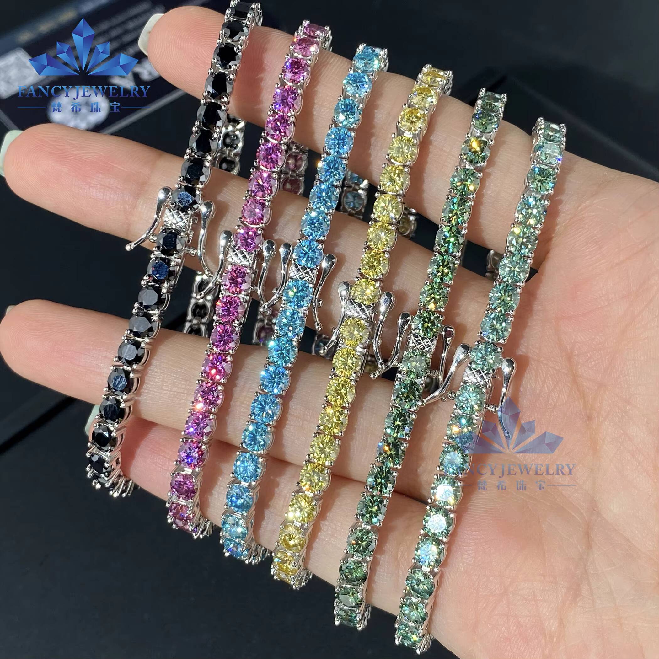 Wholesale Fine 925 Sterling Silver Hip Hop Blue Moissanite Tennis Chain 4mm Diamond Tennis Bracelet Moissanite