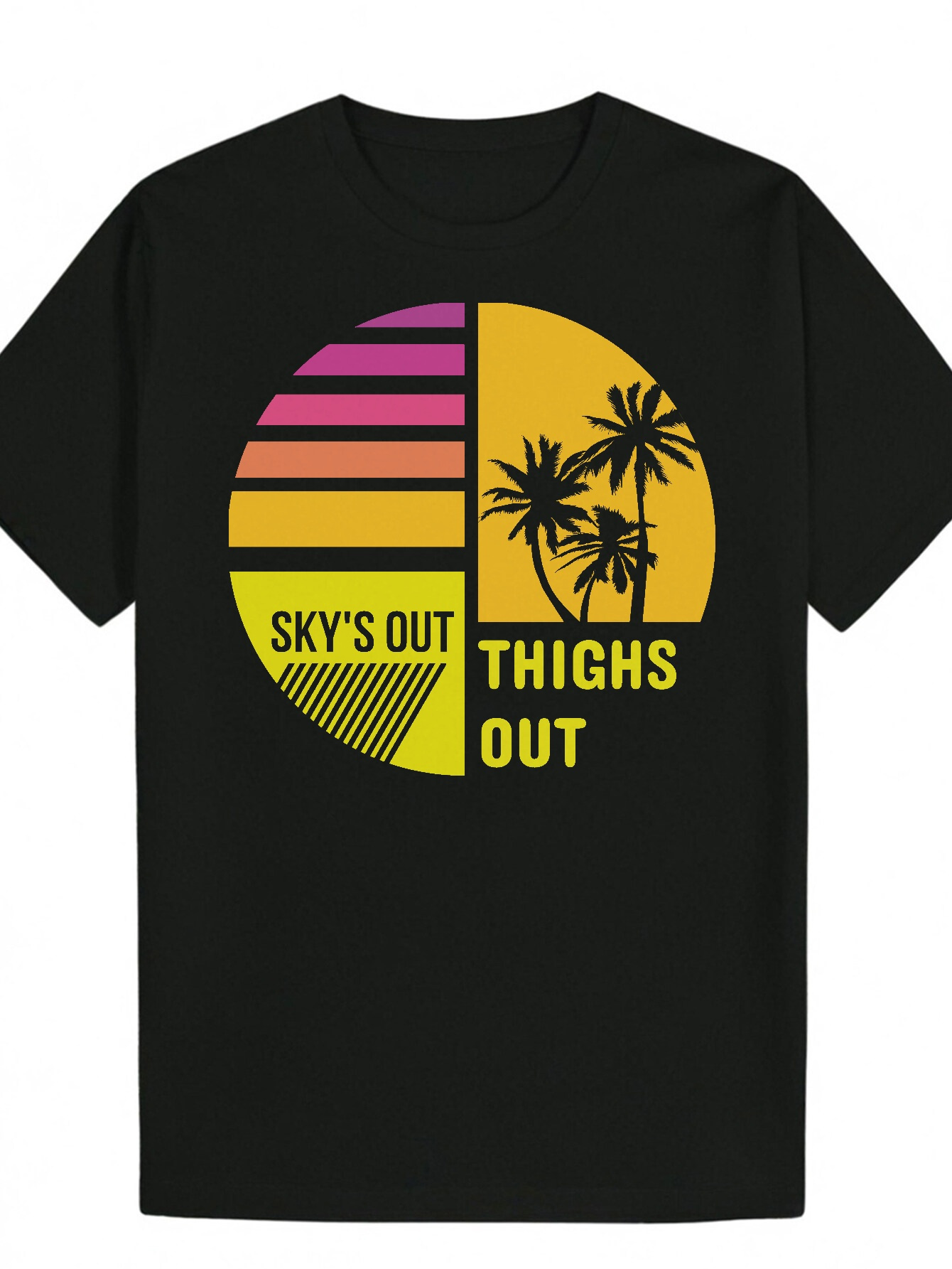 Men's Summer Pattern T-Shirt - Black Sunset Palm Tree "SKY's OUT THIGHS OUT" Print, 100% Polyester, Machine Washable, Suitable for