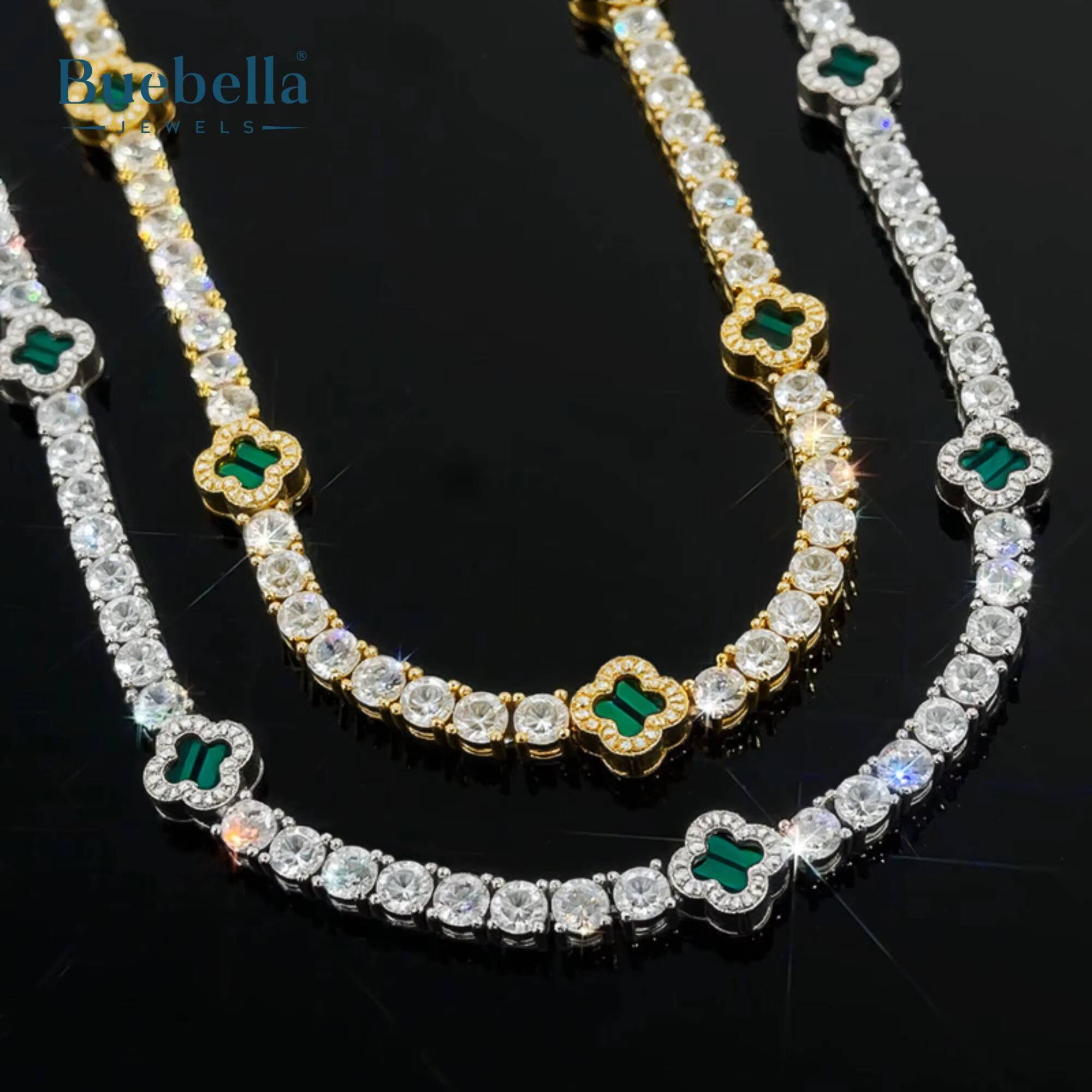 Hot Sale 14K White Gold Plated Cuban Link 925 silver 9mm green Clover Leaf Moissanite Tennis Chain