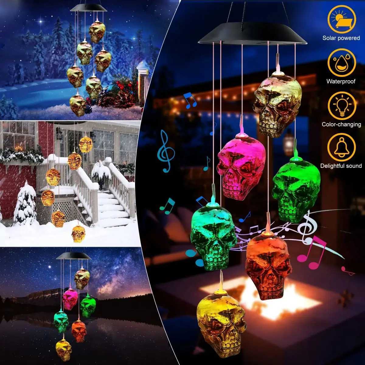 1pc 6LED Halloween Skull Head Solar Wind Chime Lights Solar Operated Color Changing Hanging Garden Lights Suitable for Bar Decoration XJ250804