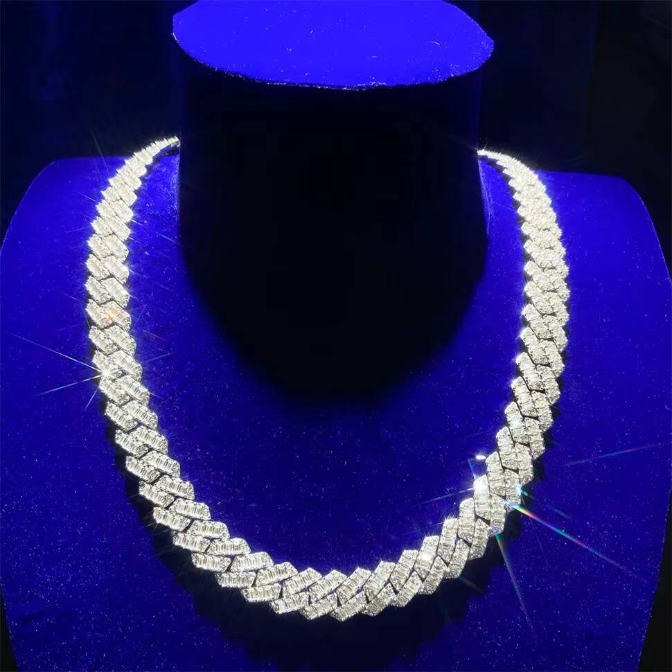 Wholesale Custom Mens 14mm Width 925 Silver Double Row Hand Setting Miami Zircon Cuban Necklace