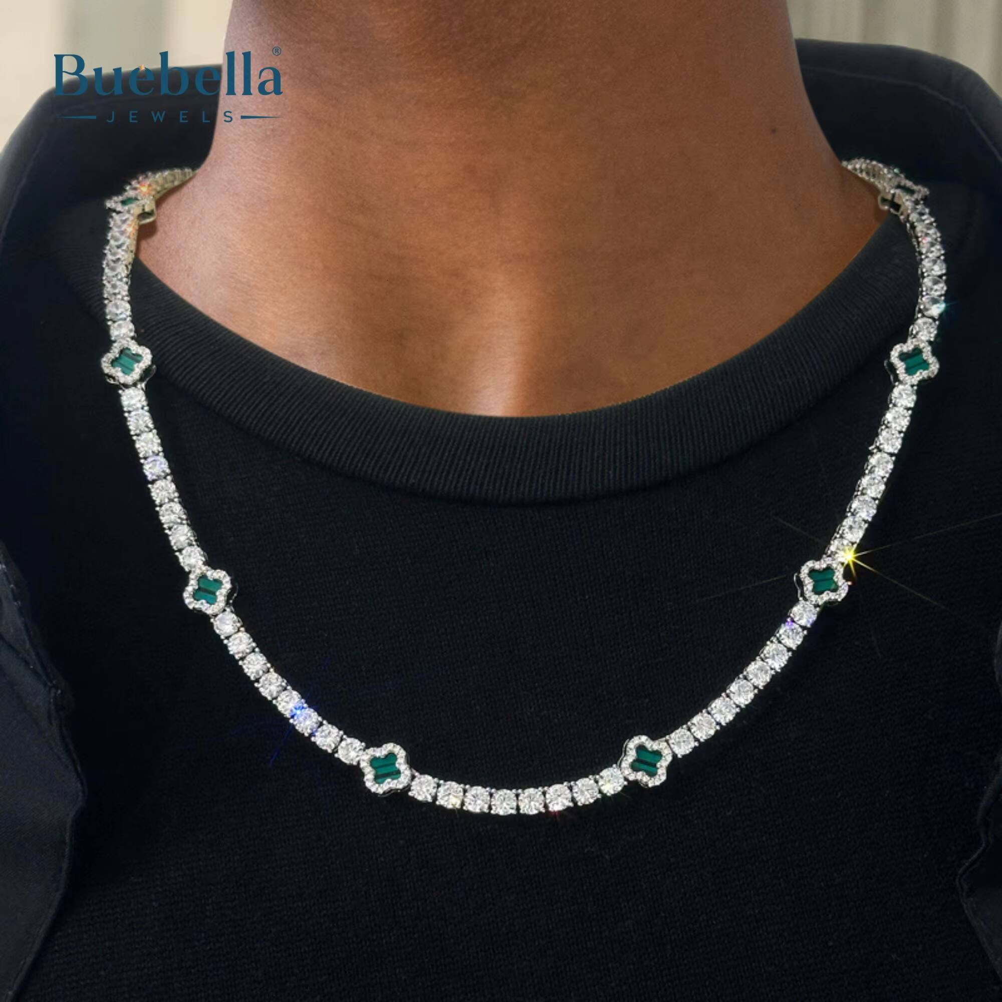 Hot Sale 14K White Gold Plated Cuban Link 925 silver 9mm green Clover Leaf Moissanite Tennis Chain