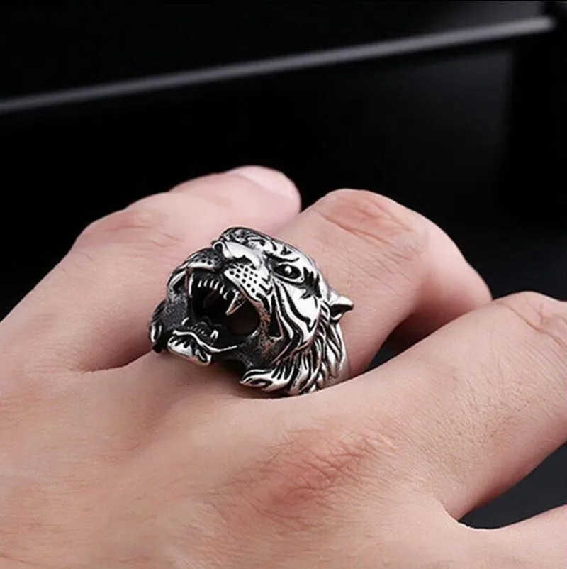 Punk Silver Color Tiger Head Rings for Men King of The Forest Domineering Gothic Accessories Retro Biker Jewelry Gifts M250805