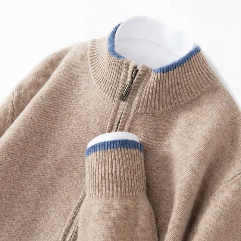 Mens 100% Merino Wool Warm Sweater Mock Collar Thickened Zippered Cardigan Autumn Winter New Cashmere Knitted Montage Tops XJ250805