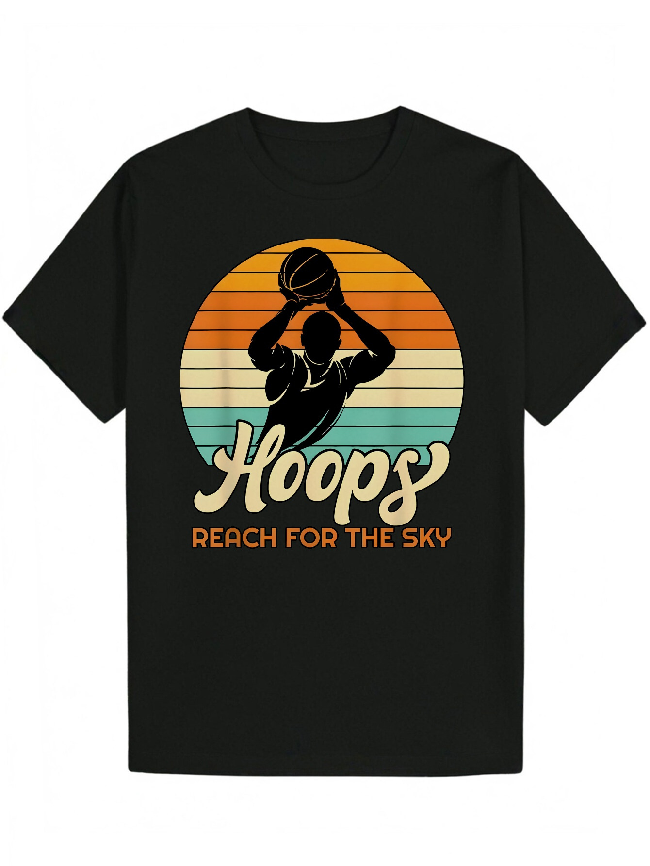 Men's Summer Casual Graphic T-Shirt - 'Hoops Reach for Sky' Design, Black with Colorful Stripes and Basketball Player Silhouette, Crew 