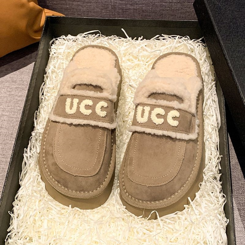 Leisure Outdoor Suede Women Slippers 2025 Autumn Winter New Design Fleece Comfort Cotton Slippers Letter Print Versatile Warm Thick Sole Slippers