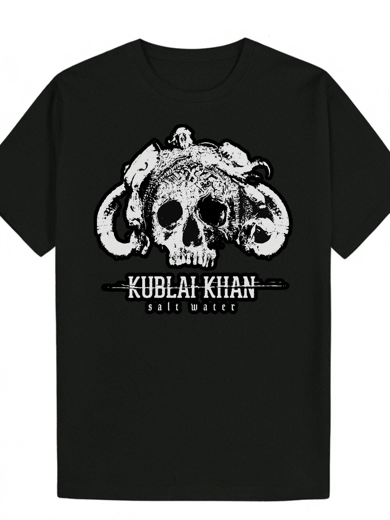 Men's Style 'Kubail Khan' Graphic Casual Black Short Sleeve T-Shirt with Goat Skull Design, Polyester, Machine Washable - Perfect Summe
