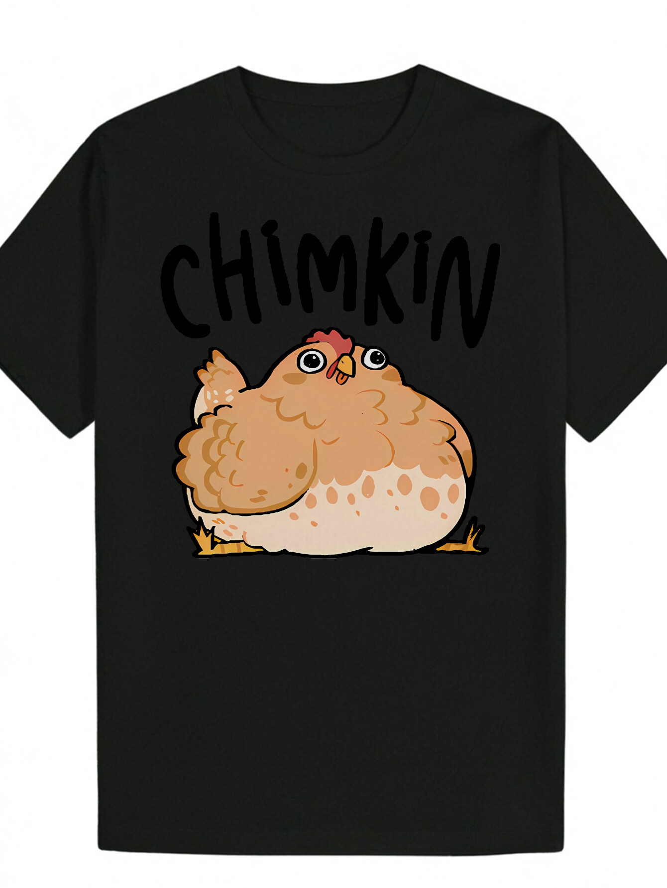 Men's Summer Short Sleeve Black 100% Polyester Fiber with Cartoon Chicken Pattern and 'CHIIN' Letters - Lightweight 180gsm Breathable C