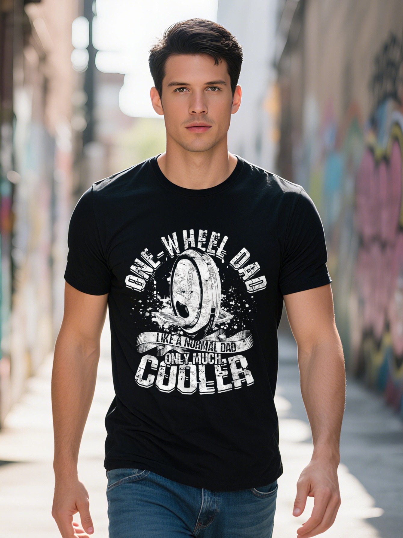 Men's Single Wheel Dad Pattern - 100% Cotton, Black T-Shirt with Unicycle Design, Perfect for or Casual Wear, Father's Day Gift a29f5