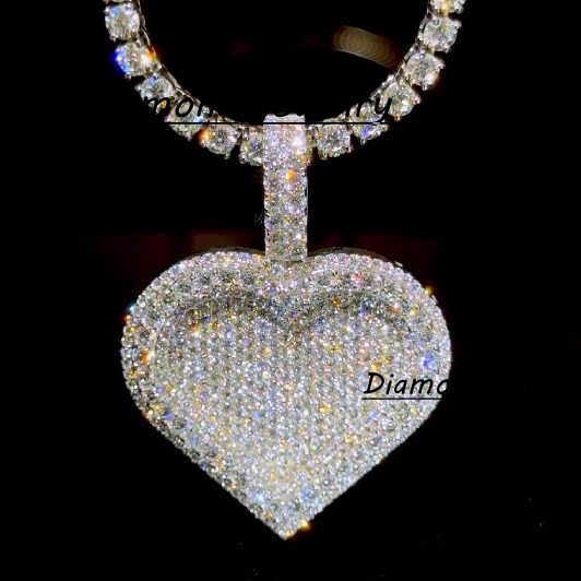 Hiphop Moissanite Pendant Chain Custom Heart Shape 925 Sterling Silver Iced Out Moissanite Diamond Chain Pendant