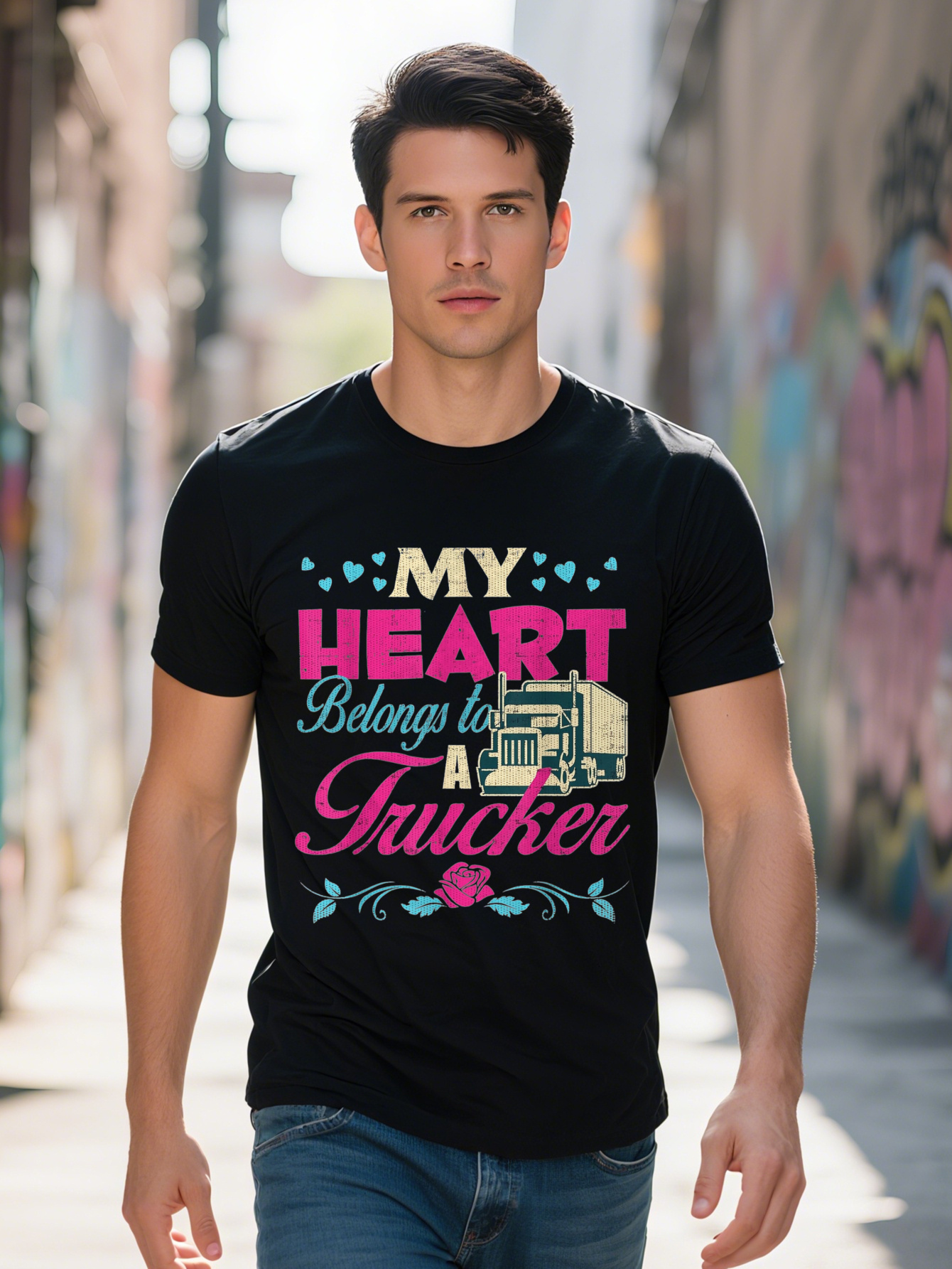 Men's "My Heart Belongs to Truckers" Graphic T-Shirt 100% Cotton, Short Sleeve, Black Crew Neck, Pink and Blue Trim - Casual All-Season