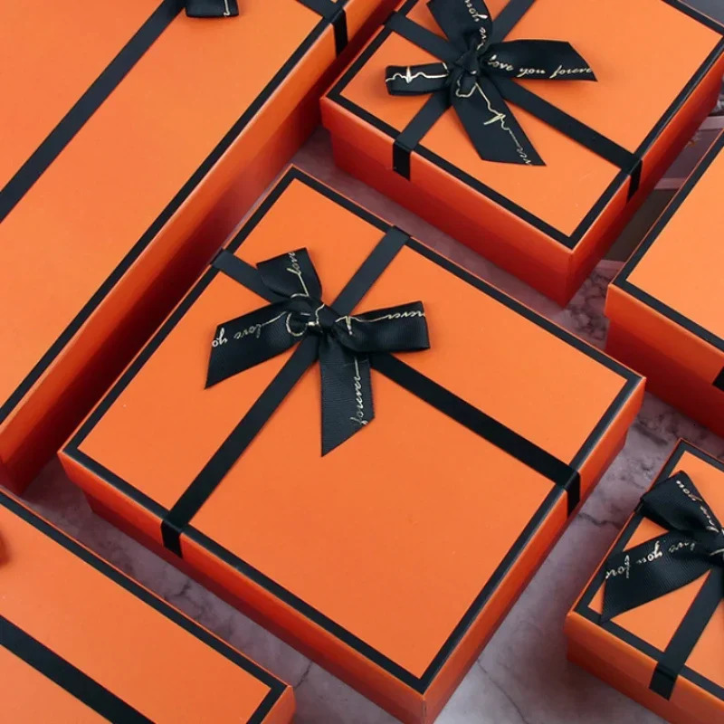 Luxury High End Orange Gift Box with Bow Grass Card Cardboard Box Wedding Party Gift Chocolate Candy Packaging Multi Size Boxes Bag 250805
