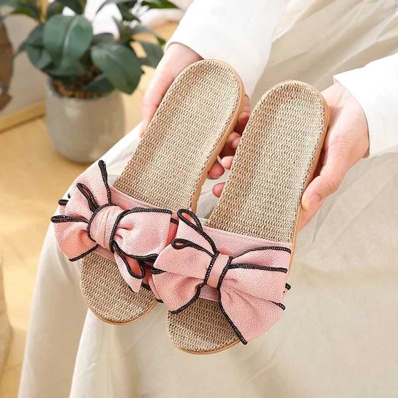 Women Summer Casual Slides Comfortable Flax Slippers Striped Bow Linen Flip Flops Platform Sandals Ladies Indoor Shoes W250805