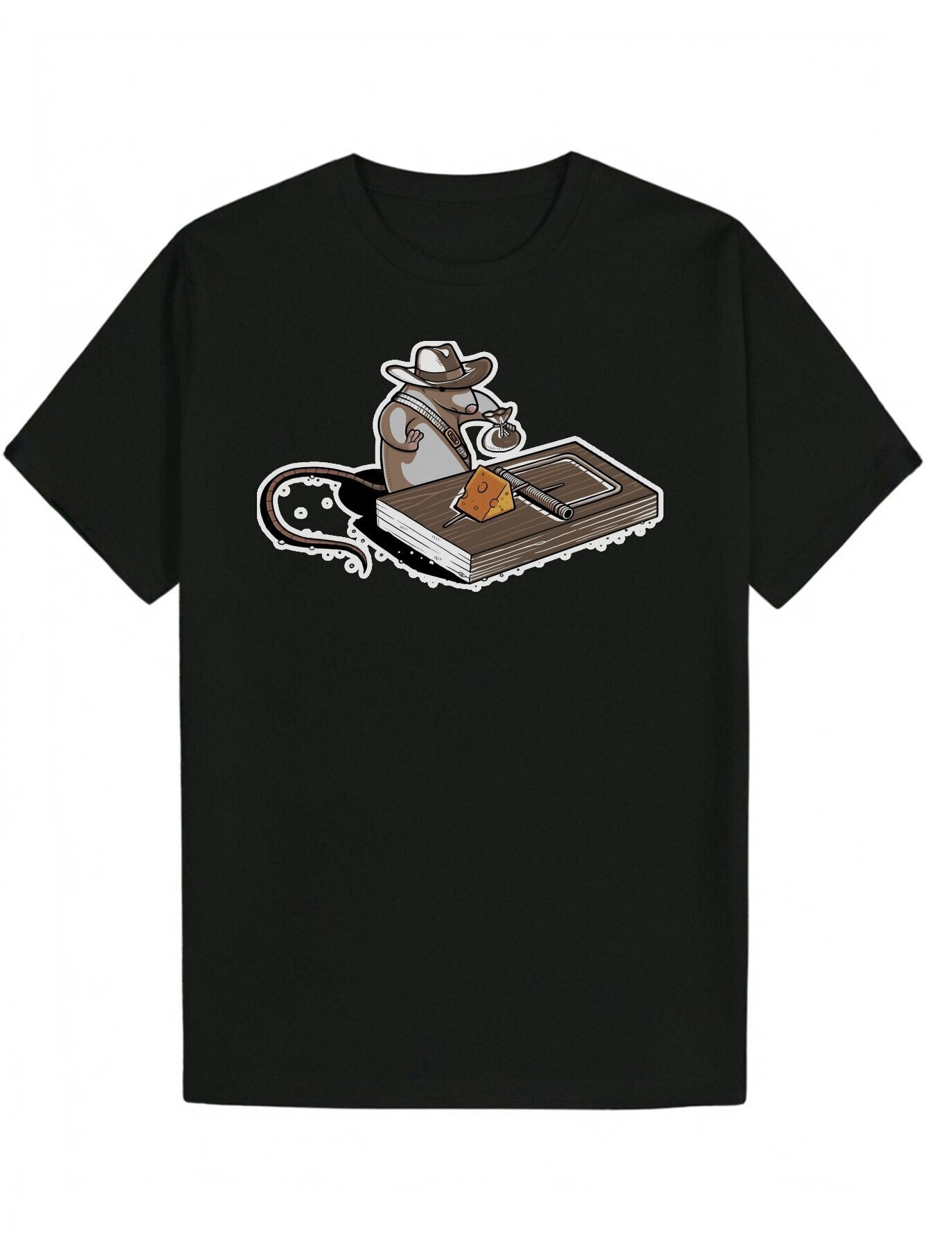 Humorous Men's Graphic T-Shirt Black Polyester, Short Sleeve, Cartoon Cowboy and Chicken Print, Crew Neck - Summer Casual Wear, Machine Washable 