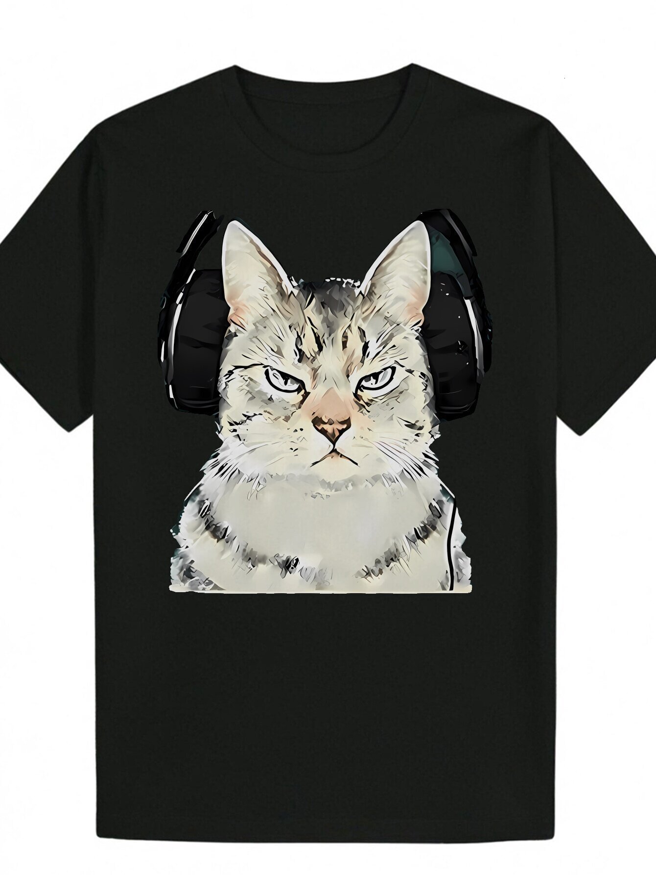 Men's Summer Casual T-Shirt with Headphone Cat Pattern, Round Neck, Short Sleeve, Polyester Fiber - Black 02aae