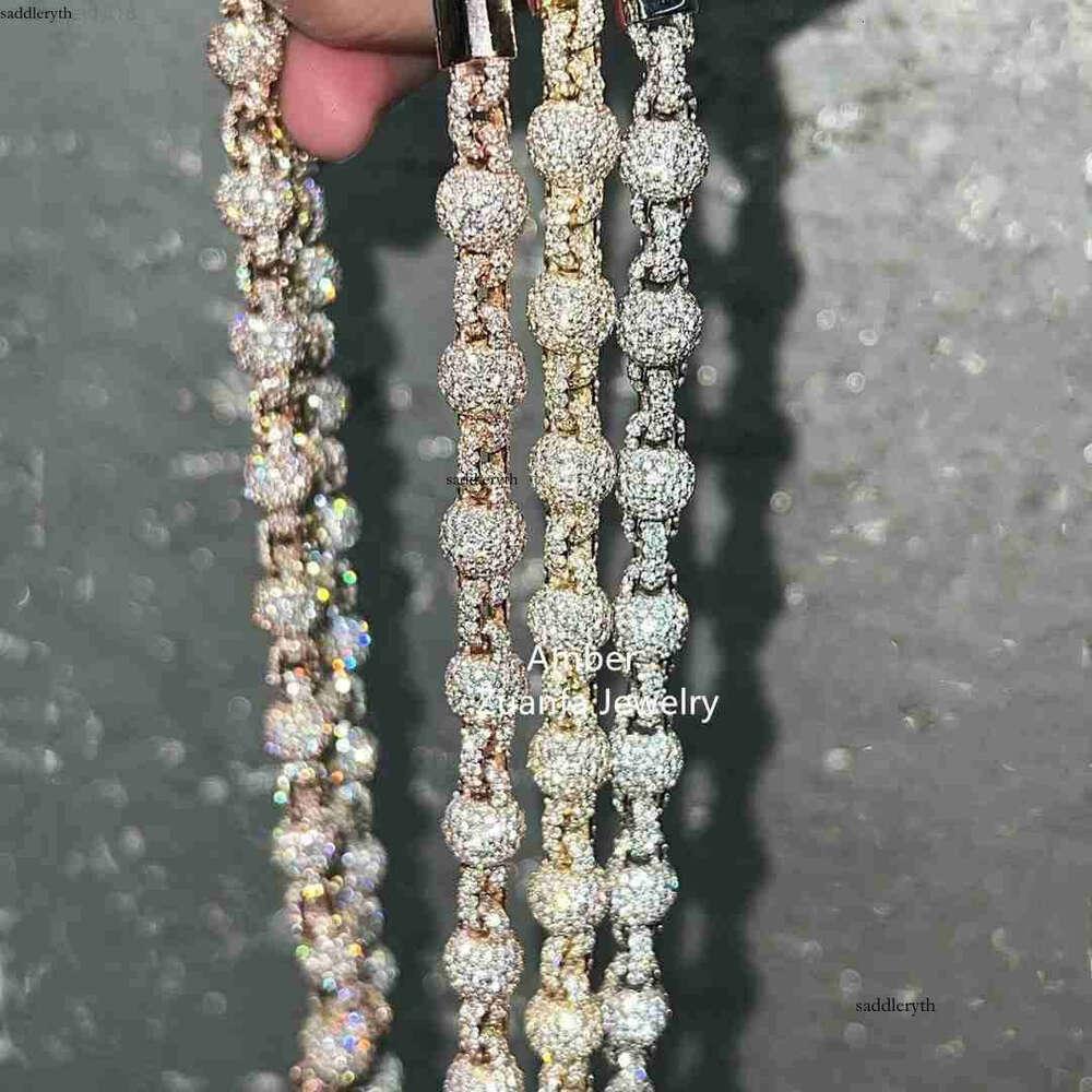 Hip Hop Round Bead 3d Design Chains Men Necklace Moissanite Dia Vvs Hand Setting Sterling Sier