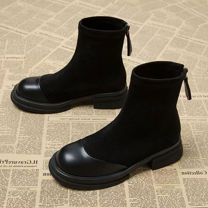 Vintage style Martin boots female leg long zipper skinny boots plus cotton boots brown thick soles small short boots