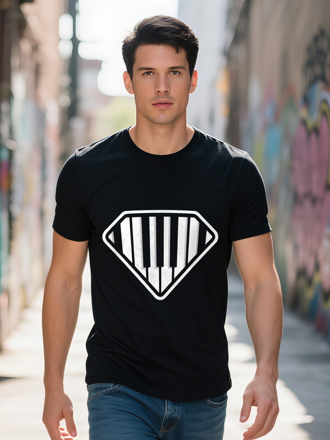 Men's 220g 100% Cotton - Fun Super Keyboard Graphic T-Shirt with Cartoon Piano Keys and Design, Black Casual Short Sleeve Crew Neck Shirt, Suitab